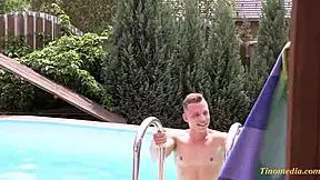 Slim girl with little bust loves summer and swimming