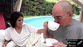 Teen sucks oldie’s cock in a raw home made scenes