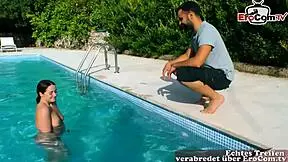 Penthouse girl european amateur with small tits pinched in pool enjoying sex in Mallorca