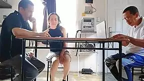 While the cheated man is at the calculation the adulterous wife is busy having a blowjob from the construction man and gets sperm on her mouth
