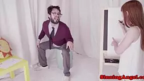 Pretty redhaired stepsister blows a cock and gets her ass eaten on the floor