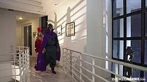 A freshery threesome with a muscular superhero and a busty blonde