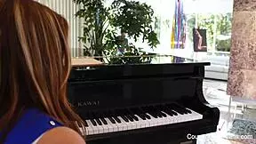 Brunette flirting and making out and performs oral sex on a teacher