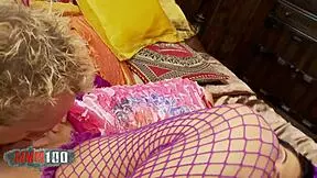 Two naked beautiful brunettes standing and riding a man while a young lady in hot small lingerie is getting extremely fucked