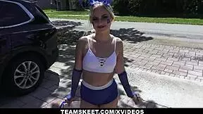 Sleek and slutty cheerleader Aria Banks screws her man, then indulges in oral and vaginal sex, climaxing loudly
