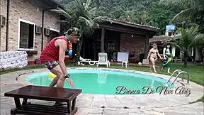 Hot naked and exposed tits and huge melons tempt and tease a bust naked Brazilian teen with aDick and melons lovers enjoys a threesome with two cock amateurs