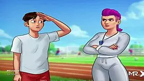 Teen handjob stress-relieving scenes featuring the concept of summer in a visual novel game