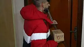 It will be funny to see the young woman with a textual tattoo at her neck perform a sexy striptease with the new delivery man