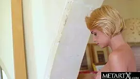 Blonde chick with small breasts continues to pleasure herself, explains how orgasm in lingerie works