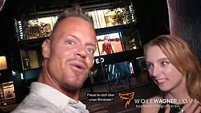 Skinny blonde gets cum inside her mouth outdoor