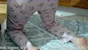 Young woman in pajamas has sex while cleaning the house