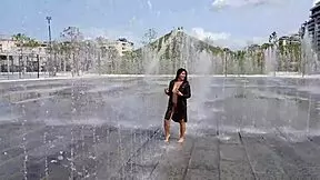 Big natural tits and hairy pussy in public view