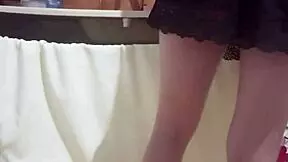 Redhead kitchen slut flashes her ass at work