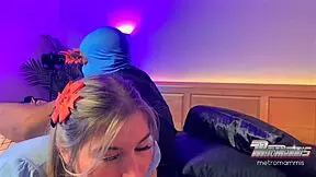 A blonde cosplayer gets a rough spanking and then gives a blowjob with choking