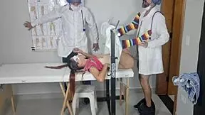 Young woman gets her first gynecological examination by a team of doctors