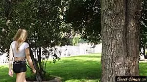 Pretty 18-year-old beauty gets fucked outdoors in the missionary position