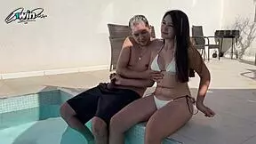 Step sister gives step brother a handjob in public pool