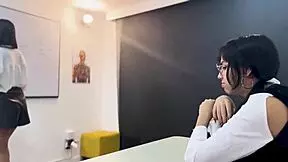 Hot teacher educates nerdy girl and boy in threesome action