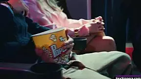 Bored girlfriend sucks her boyfriend's cock in the cinema