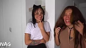 Two bratty girlfriends shared a nerdy guy's hard cock