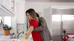 While cleaning, a girl was reading a book and got intimate