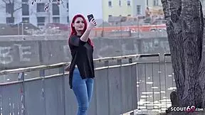 Redhead student Melina in street casting for money