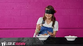 Blindfolded Ellie deep throats big cock